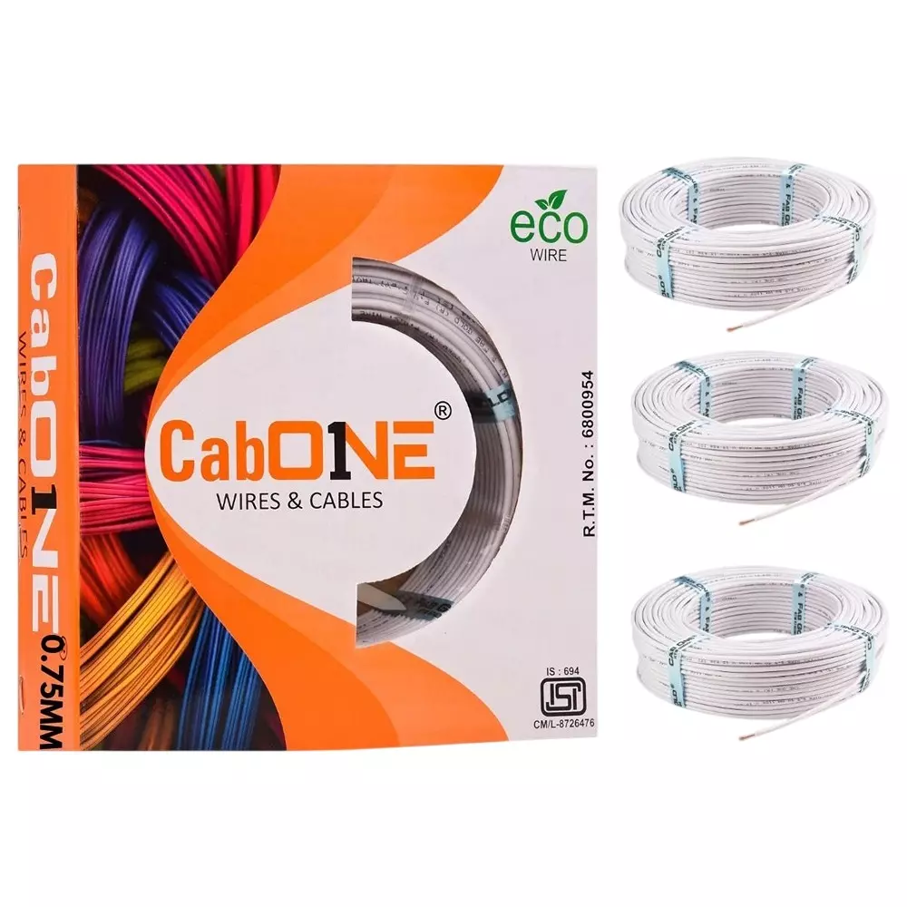 Cabone Electrical Wire White FR PVC Insulation CCA Copper 1 Core 0.75 Sq. mm 90 m Length (Pack of 3)