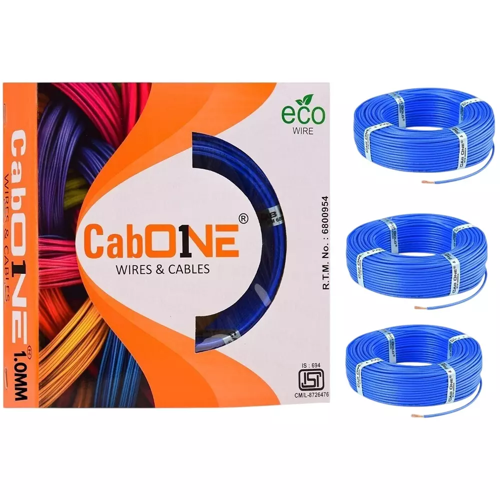 Cabone Electrical Wire Blue FR PVC Insulation CCA Copper 1 Core 1 Sq. mm 90 m Length (Pack of 3)