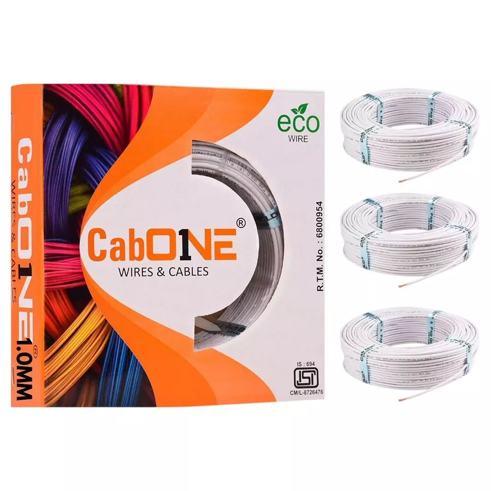 Cabone Electrical Wire White FR PVC Insulation CCA Copper 1 Core 1 Sq. mm 90 m Length (Pack of 3)