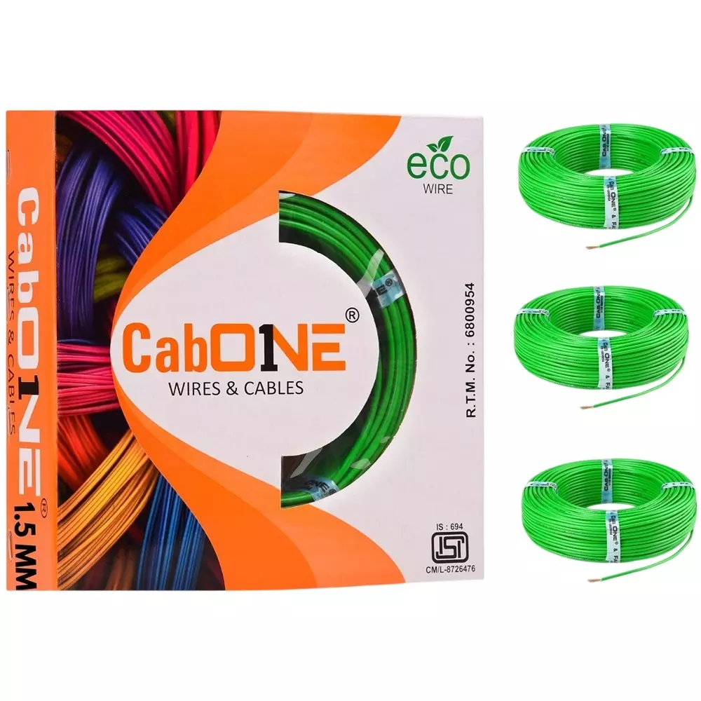 Cabone Electrical Wire Green FR PVC Insulation CCA Copper 1 Core 1.5 Sq. mm 90 m Length (Pack of 3)