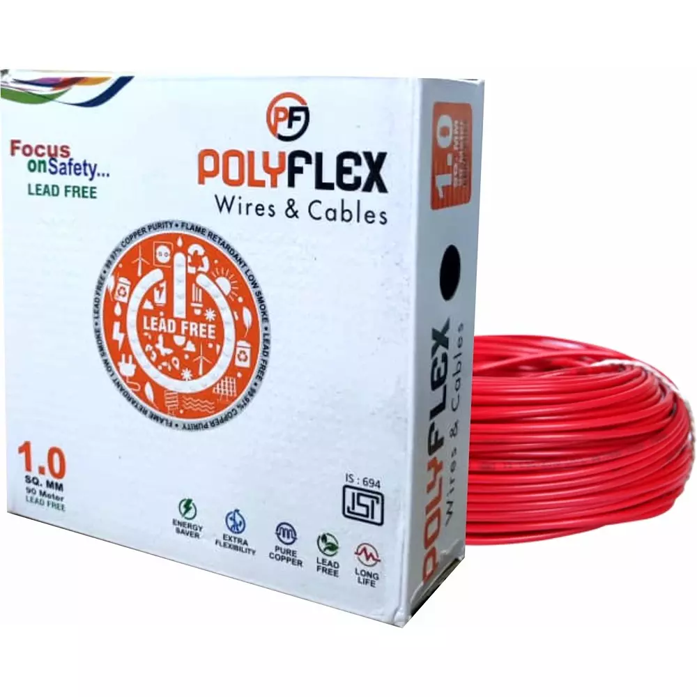 Polyflex 1 Sq.mm Clad Copper Electrical Wire 1 Core FR PVC Multistrand Red 90 m Length, RP06