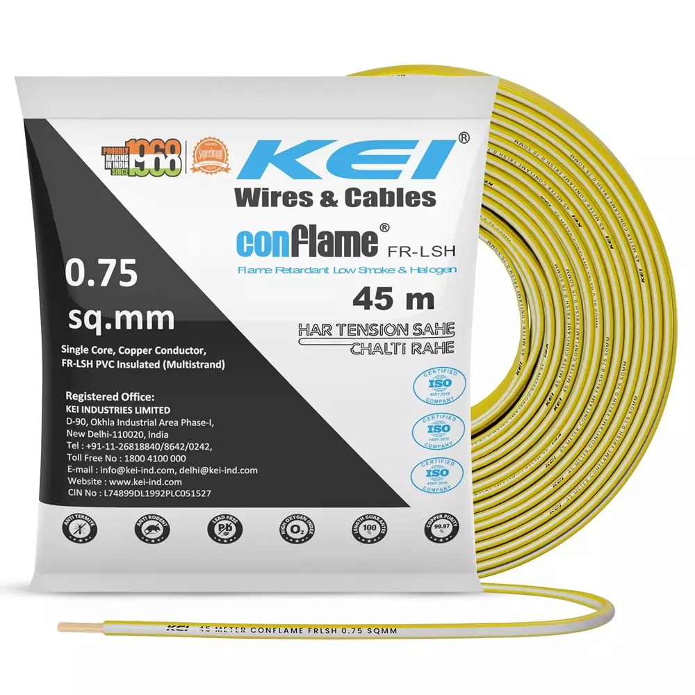 KEI Conflame Flame Retardant (FR) House Cable 1 Core 0.75 Sq mm PVC Insulated Yellow Color for Domestic & Industrial Electrical Wiring (Roll of 45 m)
