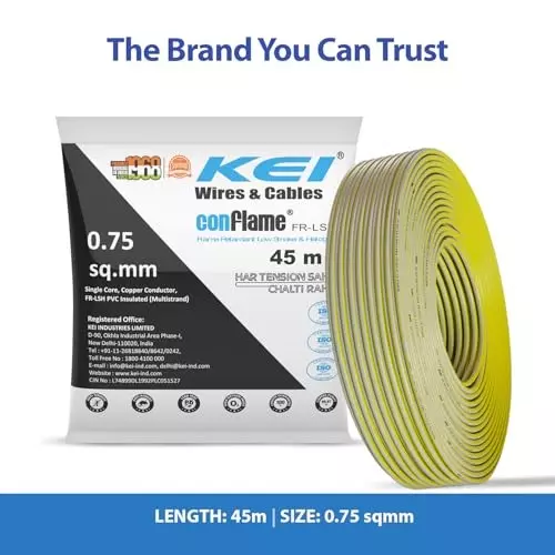 kei-conflame-flame-retardant-fr-house-cable-1-core-075-sq-mm-pvc-insulated-yellow-color-for-domestic-industrial-electrical-wiring-roll-of-45-m