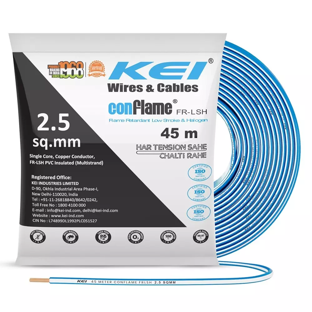 KEI Conflame Flame Retardant (FR) House Cable 1 Core 2.5 Sq mm PVC Insulated Blue Color for Domestic & Industrial Electrical Wiring (Roll of 45 m)