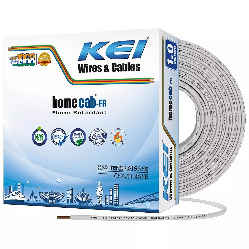 KEI Homecab Flame Retardant (FR) House Wires 1 Core 1 Sq mm PVC Insulated White Color for Domestic & Industrial Connections (Roll of 90 m)