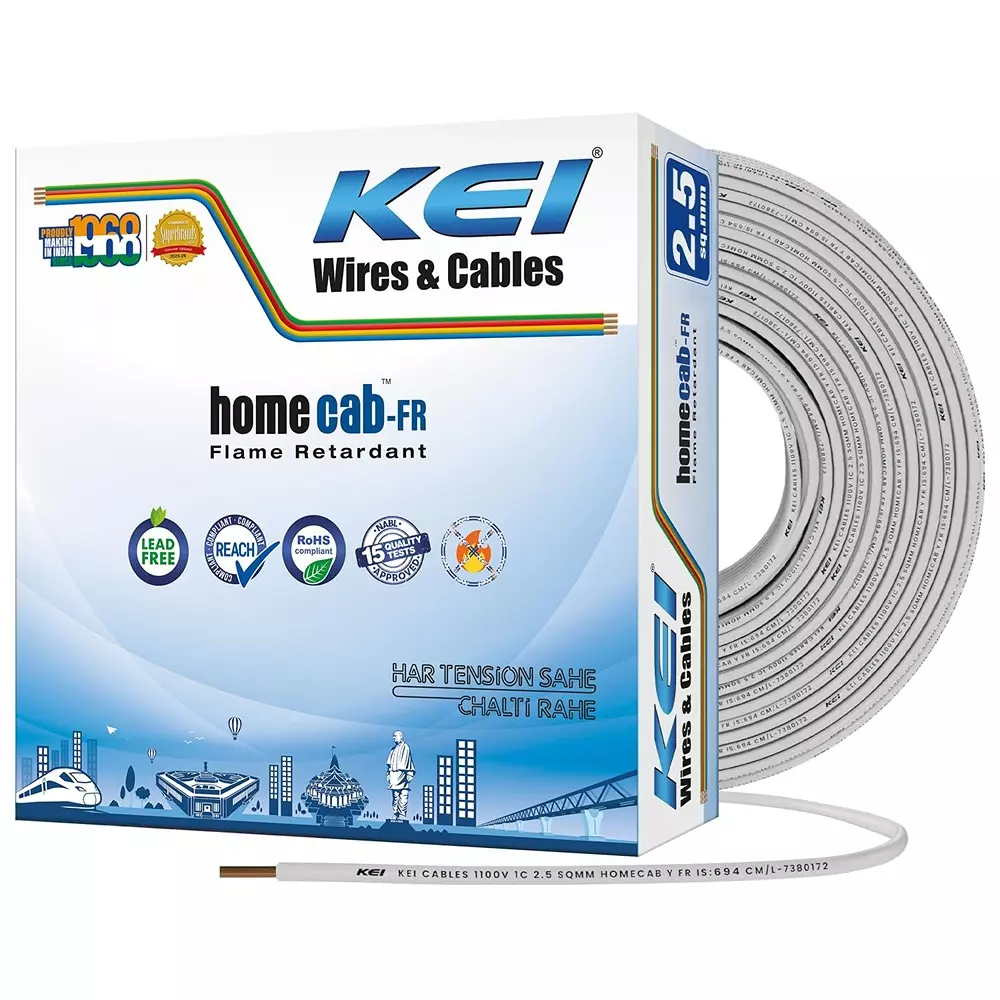 KEI Homecab Flame Retardant (FR) House Wires 1 Core 2.5 Sq mm PVC Insulated White Color for Domestic & Industrial Connections (Roll of 90 m)