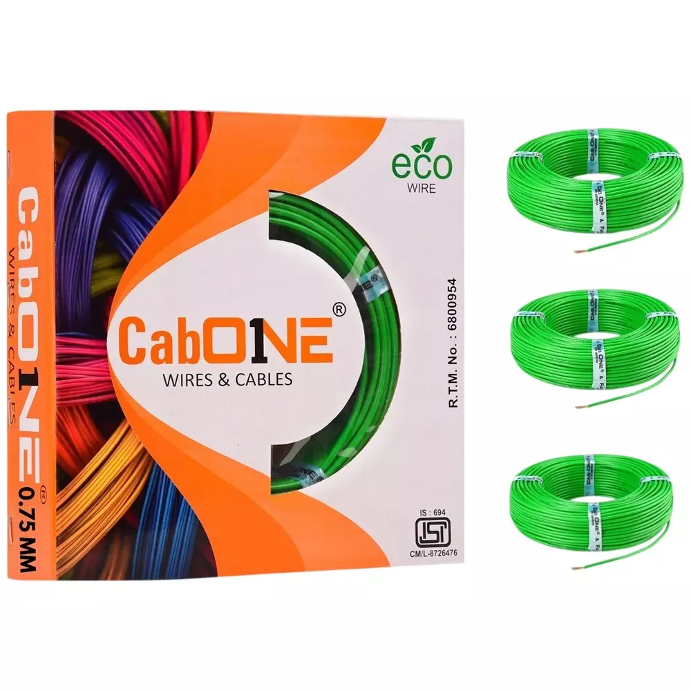 Cabone Electrical Wire Green FR PVC Insulation CCA Copper 1 Core 0.75 Sq. mm 90 m Length (Pack of 3)