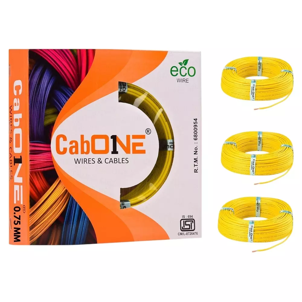 Cabone Electrical Wire Yellow FR PVC Insulation CCA Copper 1 Core 0.75 Sq. mm 90 m Length (Pack of 3)