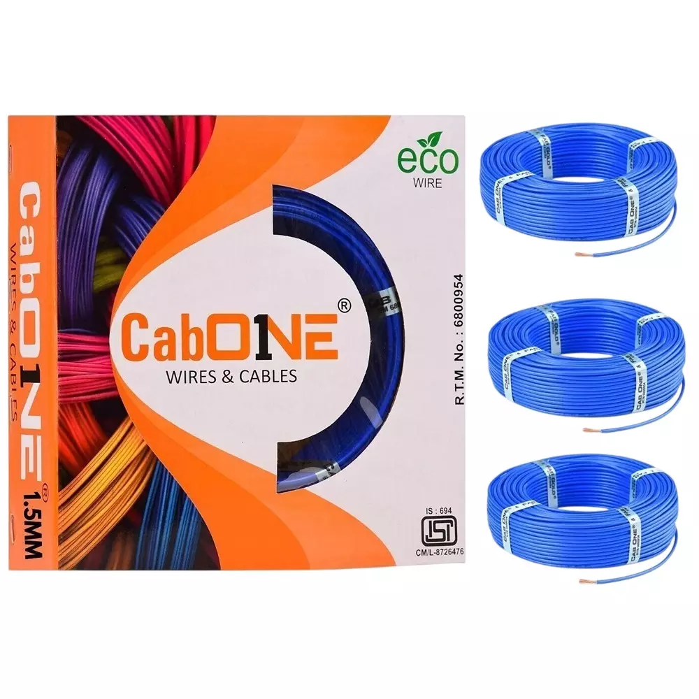Cabone Electrical Wire Blue FR PVC Insulation CCA Copper 1 Core 1.5 Sq. mm 90 m Length (Pack of 3)