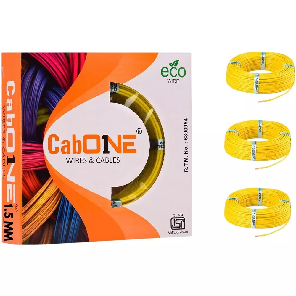 Cabone Electrical Wire Yellow FR PVC Insulation CCA Copper 1 Core 1.5 Sq. mm 90 m Length (Pack of 3)