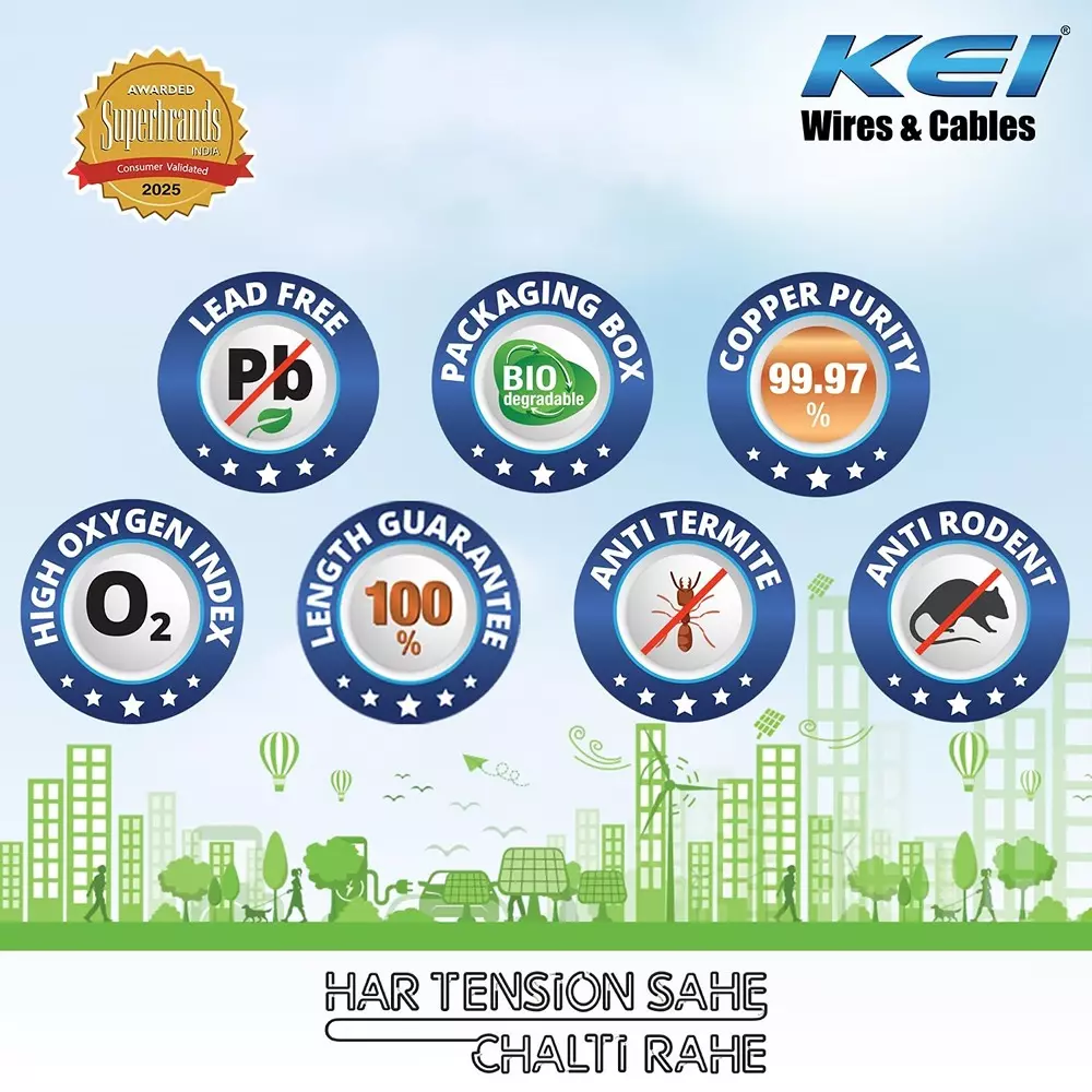 KEI Conflame Green+ Heat & Flame Retardant Low Smoke & Halogen House Wire 4 Sq. mm 1 Core 90 m Copper Green