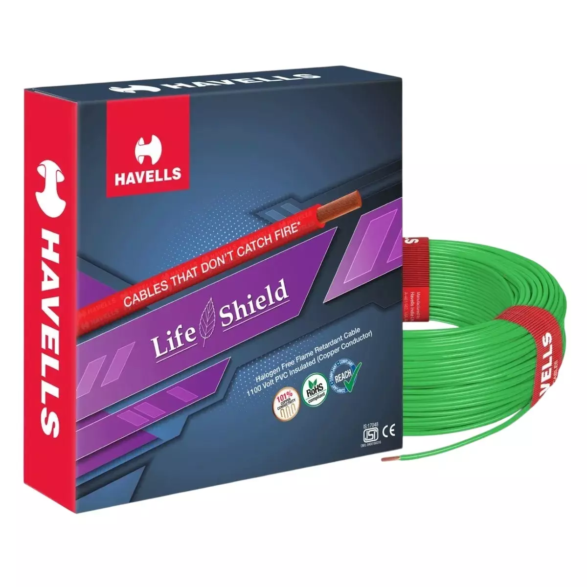 Havells Life Shield Industrial Flexible Cable Halogen-Free 1 mm² Nominal Area 1 Core Green 180 m Length, WHFFZNGL11X07