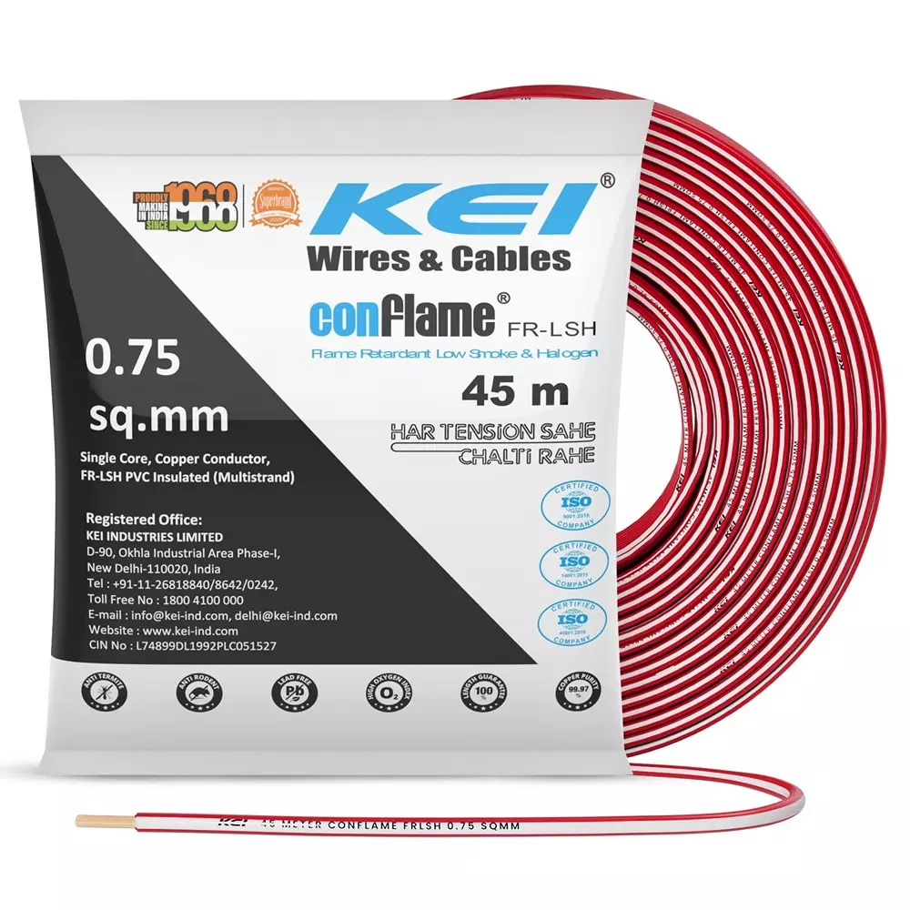 KEI Conflame Flame Retardant (FR) House Cable 1 Core 0.75 Sq mm PVC Insulated Red Color for Domestic & Industrial Electrical Wiring (Roll of 45 m)