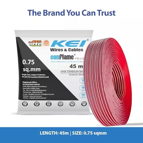 kei-conflame-flame-retardant-fr-house-cable-1-core-075-sq-mm-pvc-insulated-red-color-for-domestic-industrial-electrical-wiring-roll-of-45-m