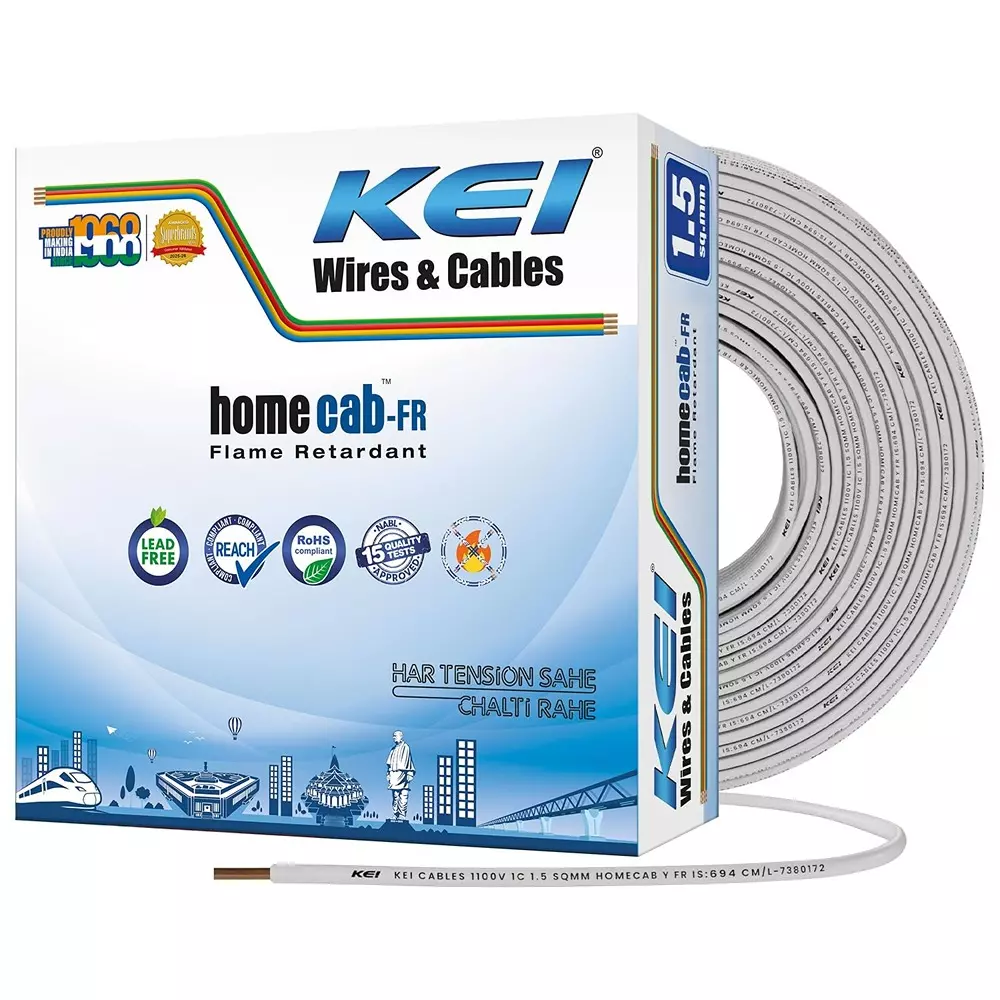 KEI Homecab Flame Retardant (FR) House Wires 1 Core 1.5 Sq mm PVC Insulated White Color for Domestic & Industrial Connections (Roll of 90 m)
