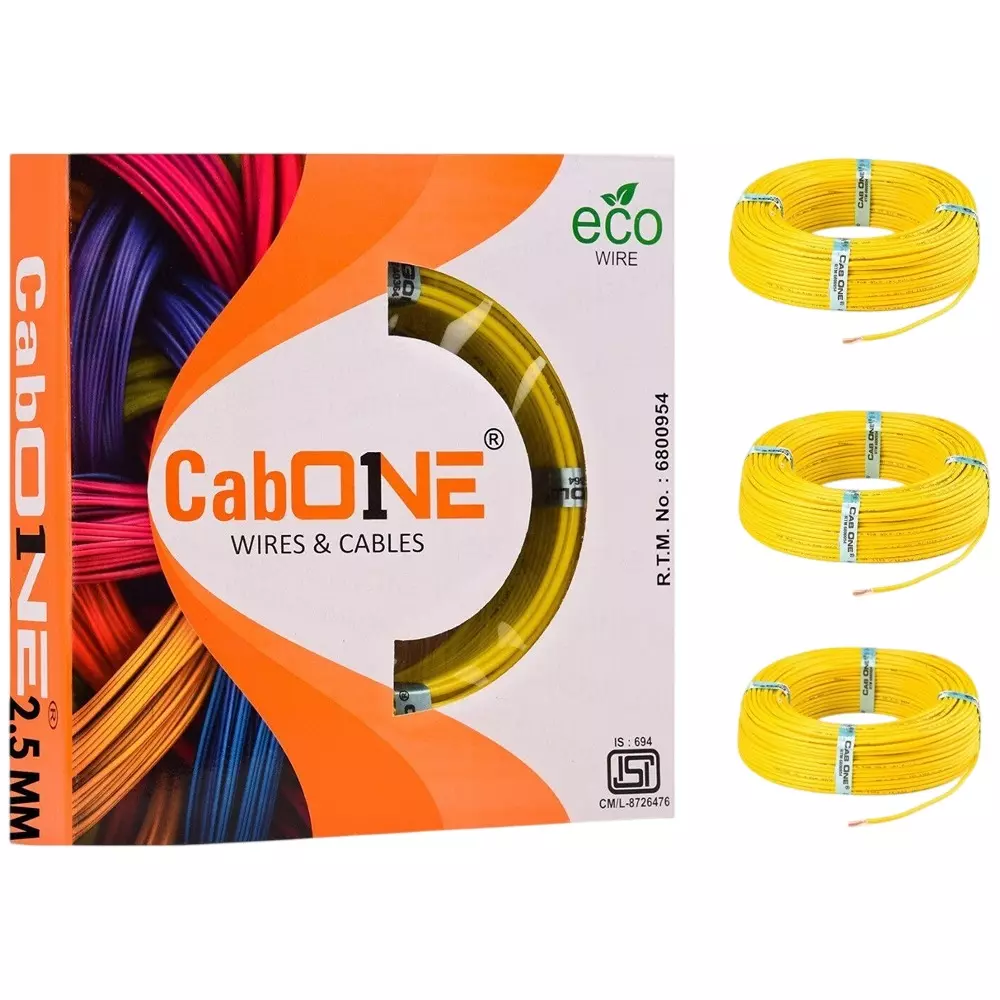 Cabone Electrical Wire Yellow FR PVC Insulation CCA Copper 1 Core 2.5 Sq. mm 90 m Length (Pack of 3)