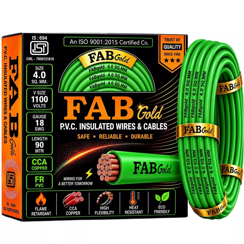 FABGOLD Electrical Wire Green FR PVC Insulation CCA COPPER 1 Core 4 Sq. mm and 90 m Length