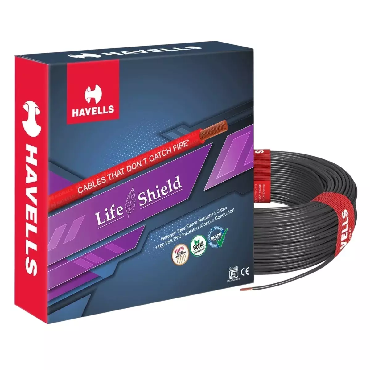 Havells Life Shield Industrial Flexible Cable Halogen-Free 1.50 mm² Nominal Area 1 Core Black 180 m Length, WHFFZNBL11X57
