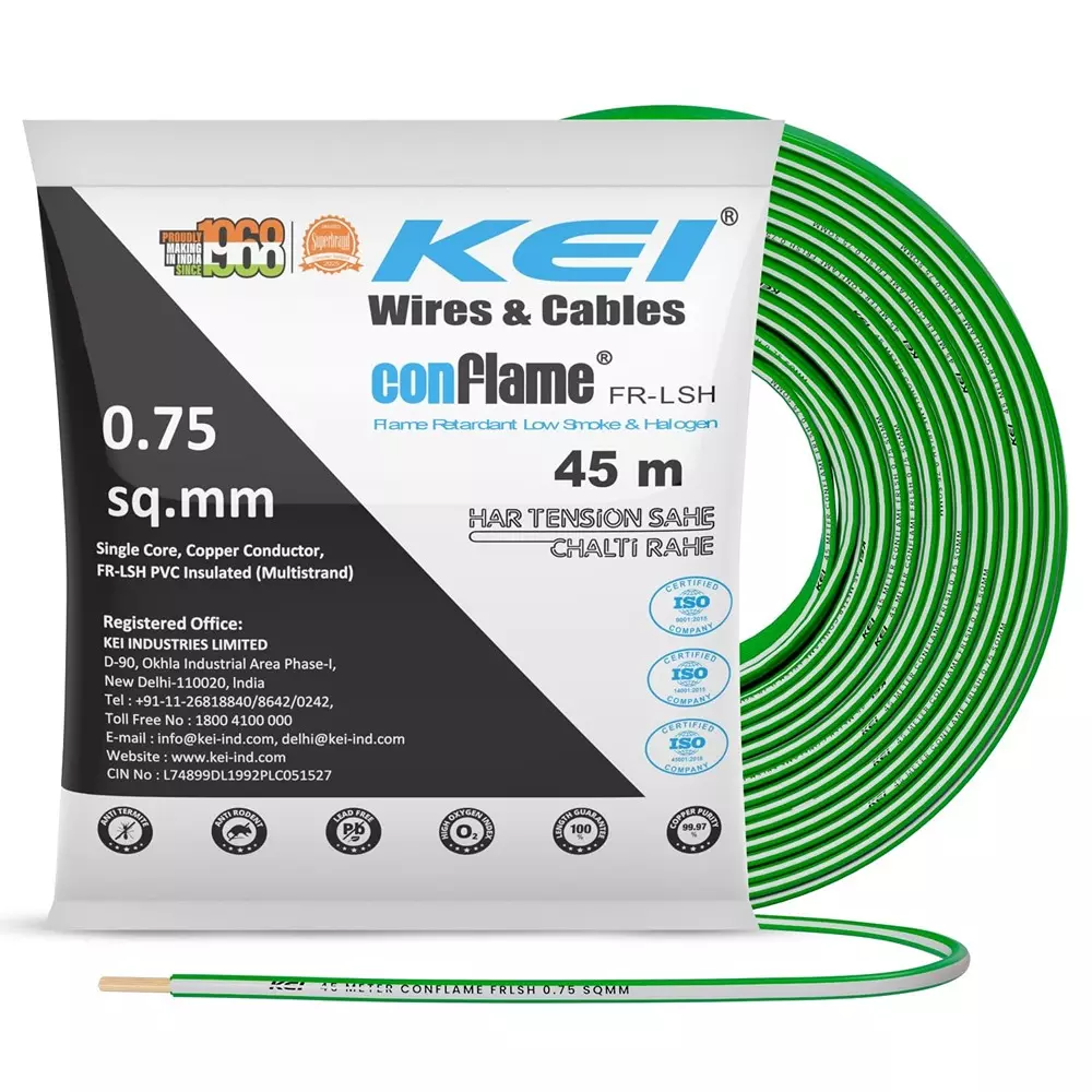 KEI Conflame Flame Retardant (FR) House Cable 1 Core 0.75 Sq mm PVC Insulated Green Color for Domestic & Industrial Electrical Wiring (Roll of 45 m)