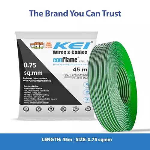 kei-conflame-flame-retardant-fr-house-cable-1-core-075-sq-mm-pvc-insulated-green-color-for-domestic-industrial-electrical-wiring-roll-of-45-m