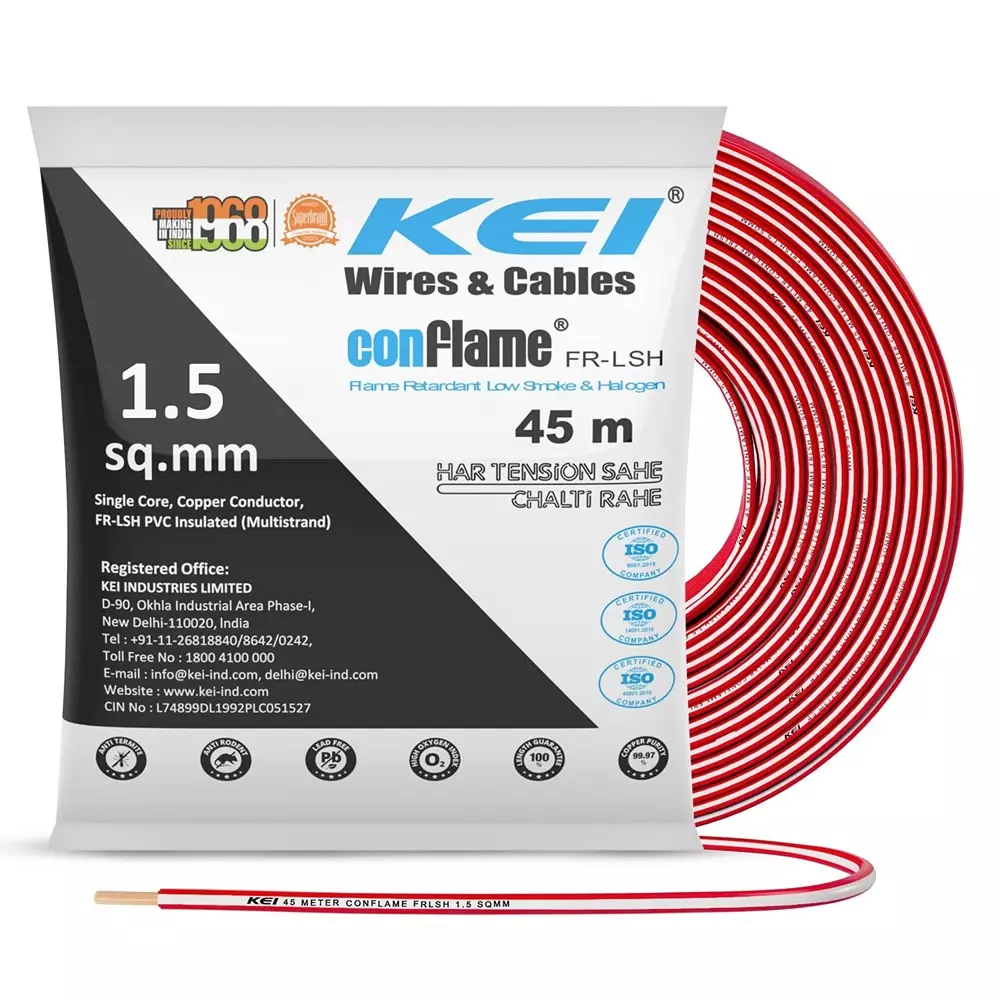 KEI Conflame Flame Retardant (FR) House Cable 1 Core 1.5 Sq mm PVC Insulated Red Color for Domestic & Industrial Electrical Wiring (Roll of 45 m)