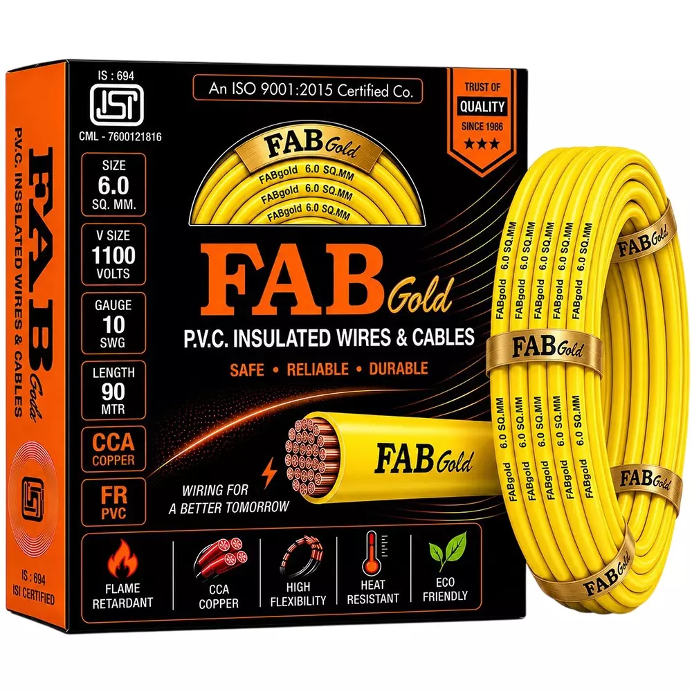 FABGOLD Electrical Wire Yellow FR PVC Insulation CCA COPPER 1 Core 6 Sq. mm and 90 m Length