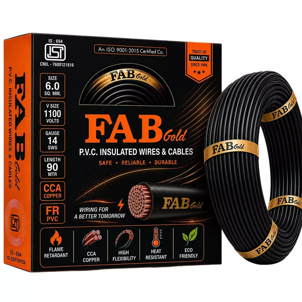FABGOLD Electrical Wire Black FR PVC Insulation CCA COPPER 1 Core 6 Sq. mm and 90 m Length