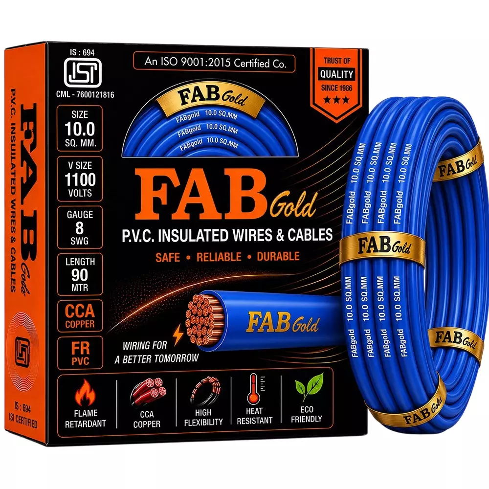 FABGOLD Electrical Wire Blue FR PVC Insulation CCA COPPER 1 Core 10 Sq. mm and 90 m Length