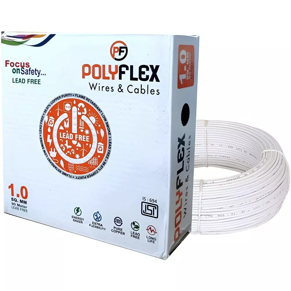 Polyflex 1 Sq.mm Clad Copper Electrical Wire 1 Core FR PVC Multistrand White 90 m Length, RP09