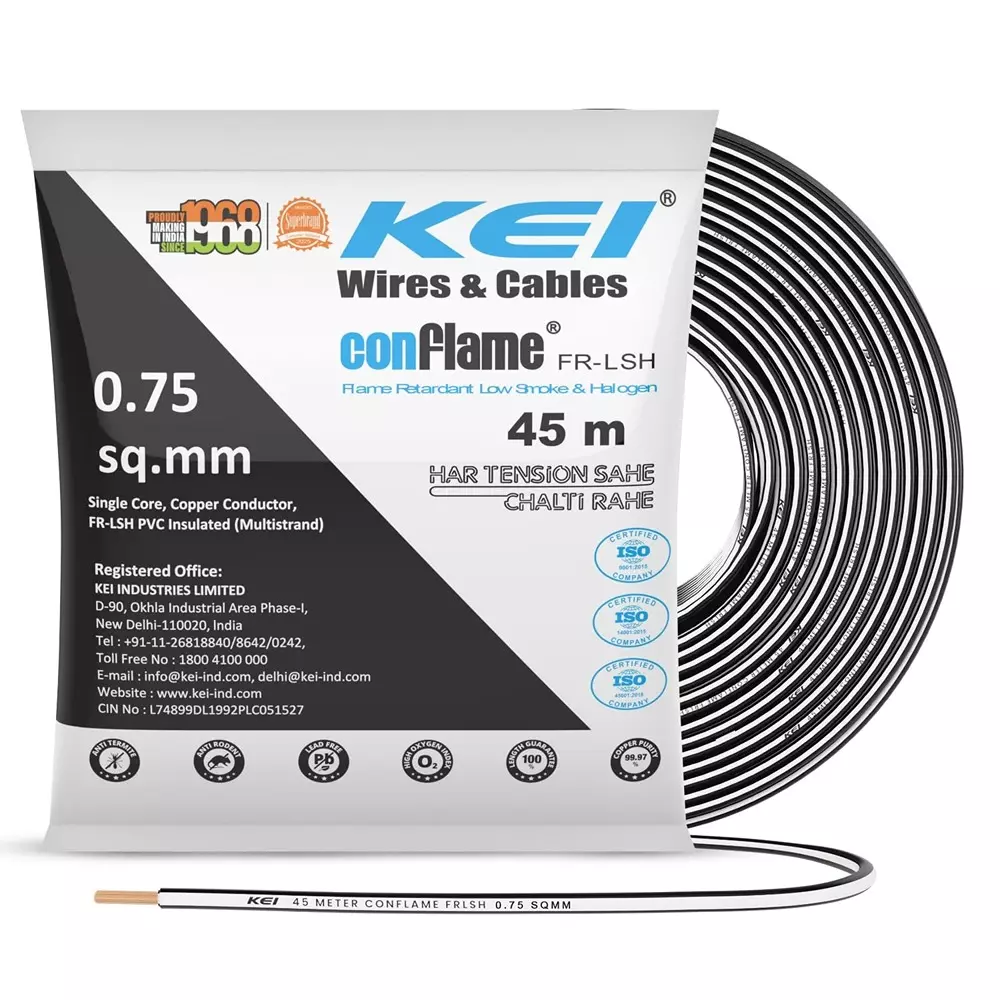 KEI Conflame Flame Retardant (FR) House Cable 1 Core 0.75 Sq mm PVC Insulated Black Color for Domestic & Industrial Electrical Wiring (Roll of 45 m)