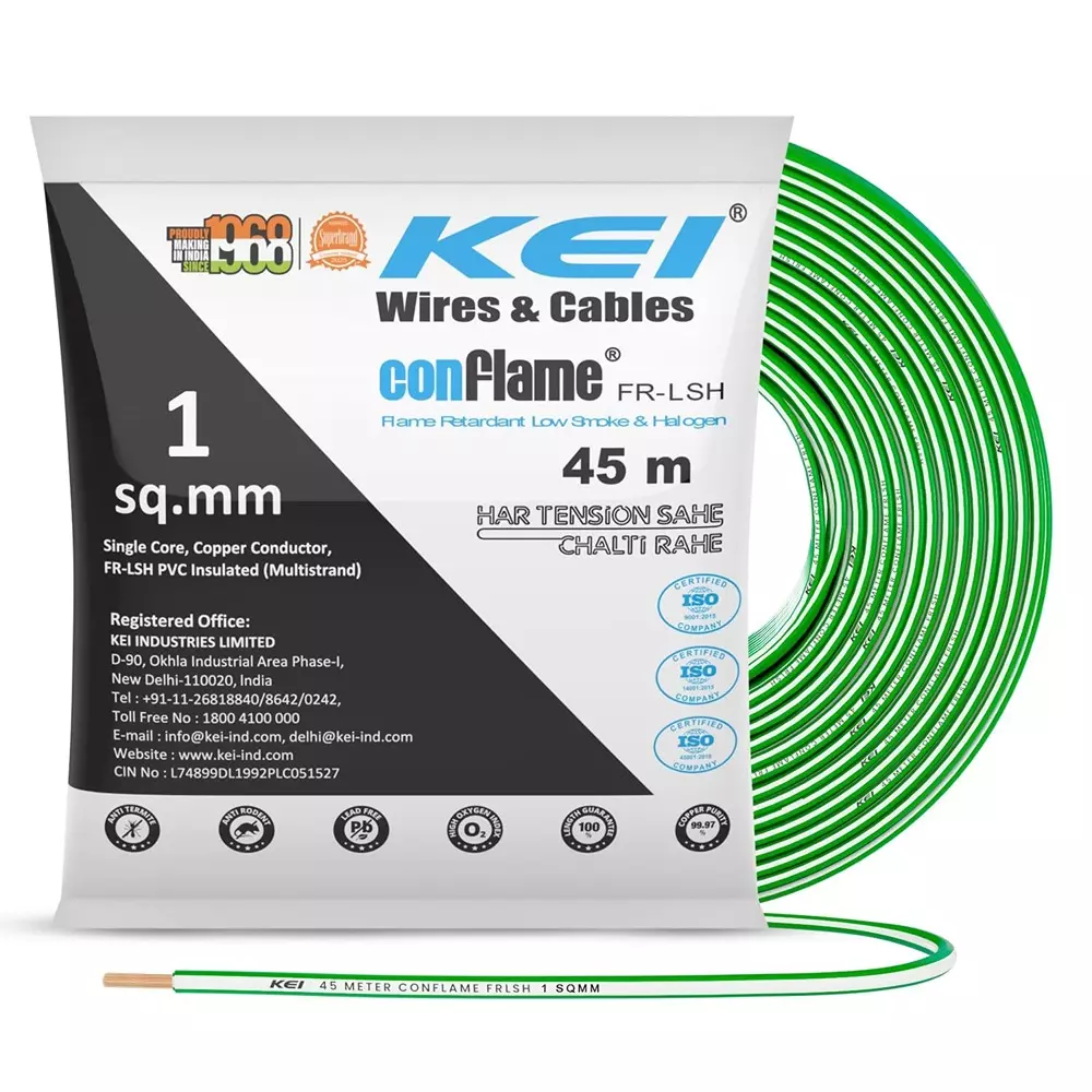KEI Conflame Flame Retardant (FR) House Cable 1 Core 1 Sq mm PVC Insulated Green Color for Domestic & Industrial Electrical Wiring (Roll of 45 m)
