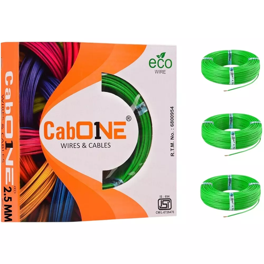 Cabone Electrical Wire Green FR PVC Insulation CCA Copper 1 Core 2.5 Sq. mm 90 m Length (Pack of 3)