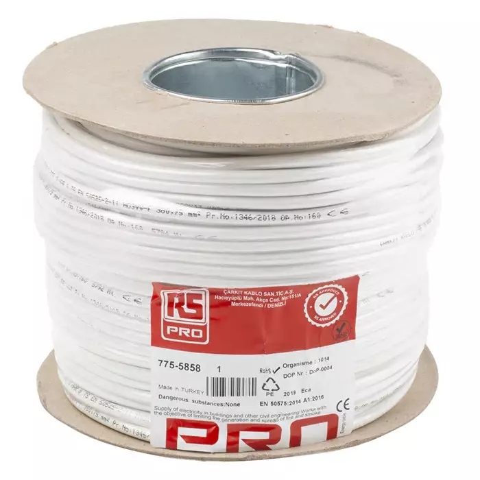 RS PRO 3 Core Power Cable 100 m 0.75 mm² White 300 V, 7755858