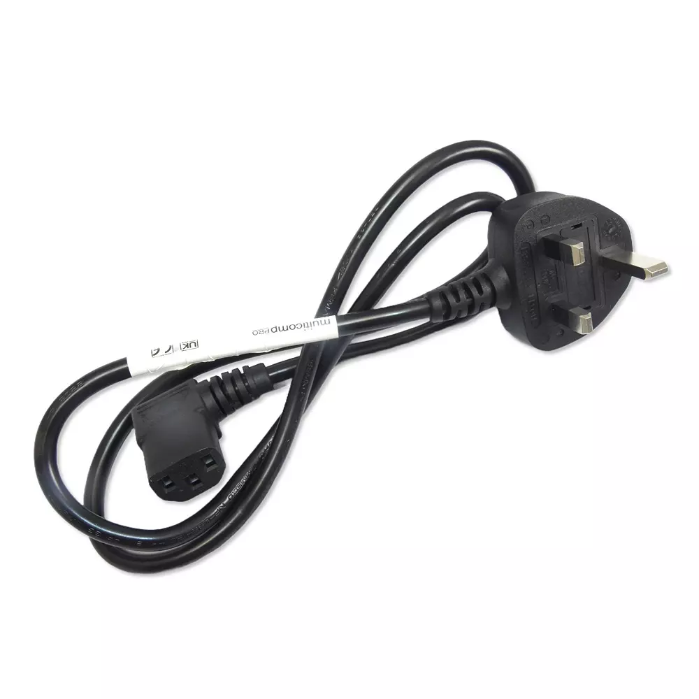 MULTICOMP PRO Mains Power Cord 90° BS 1363A Plug to 90° IEC 60320 C13 Black 1 m Length, GW-151789