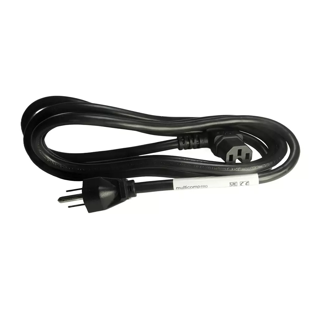 MULTICOMP PRO Mains Power Cord NEMA 5-15P to 90° IEC 60320-1 C15 Black 2 m Length, GW-151839