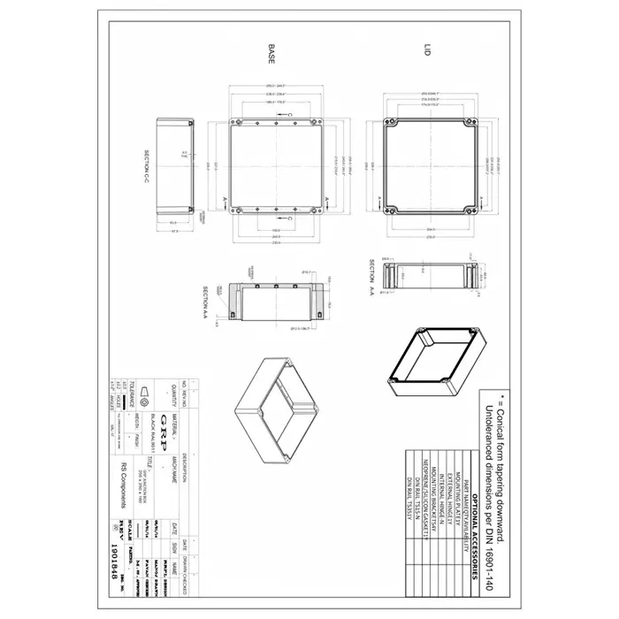 RS PRO Black Fibreglass Reinforced Polyester General Purpose Enclosure, IP66, IP67, IP68, Black Lid, 255 x 250 x 160 mm Model No 1901848