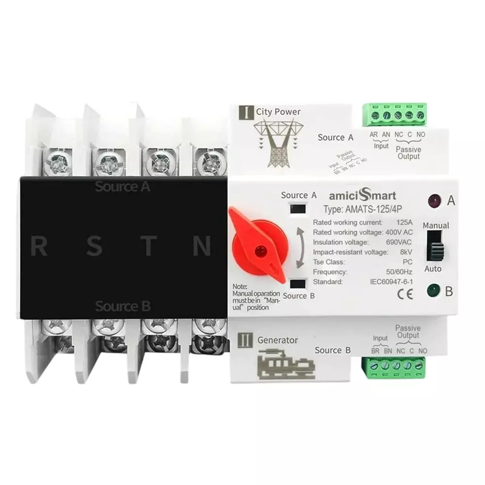 amiciSmart Automatic Transfer Switch 230 V 125 A Single Phase Dual Power Changeover, 1x2P-ATS-125