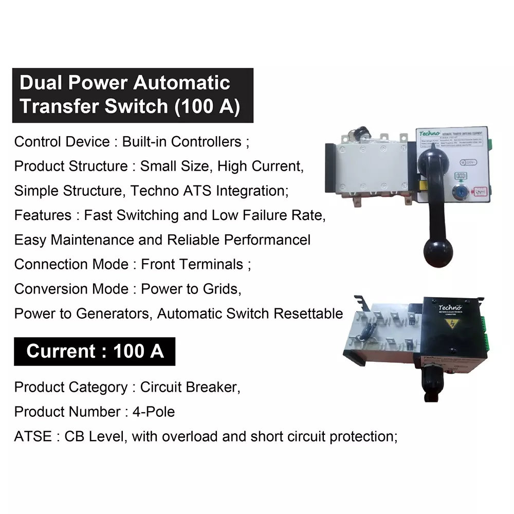 Techno Meters Dual Power Automatic Transfer Switch 100 A Current Built-in Controllers, ATSGA