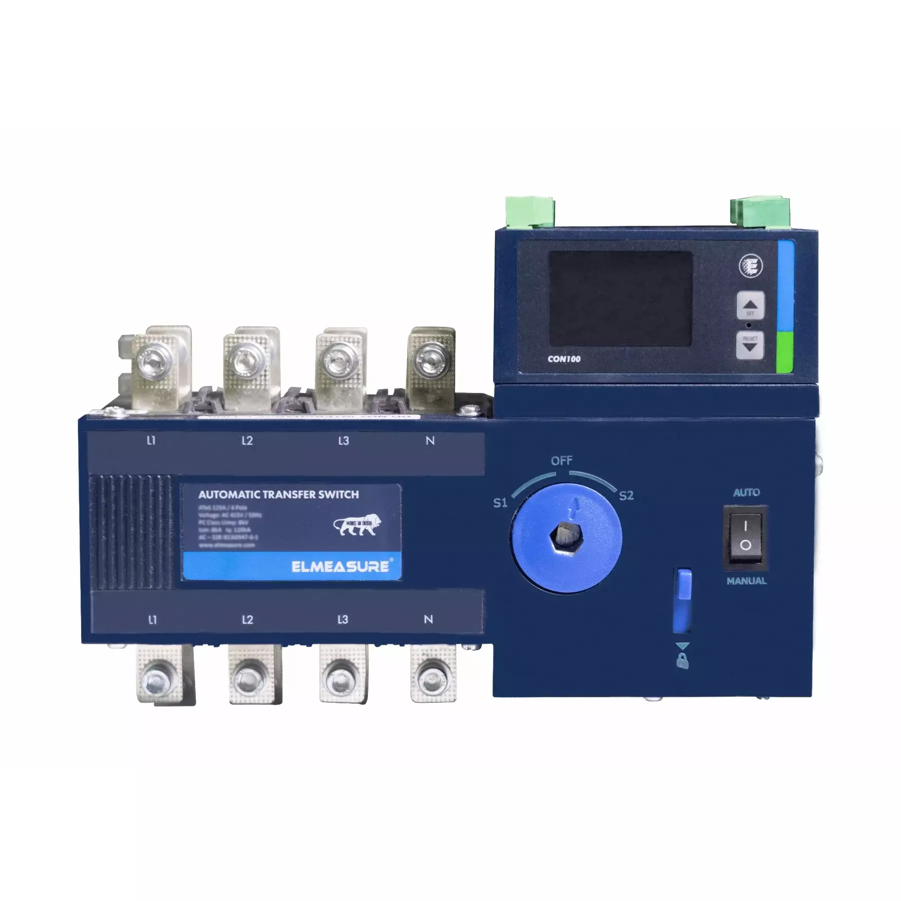 Elmeasure Automatic Transfer Switch, RS485, 100 A, 4 Poles Motorized with Inbuilt LCD Controller Universal, AT02FUL10100