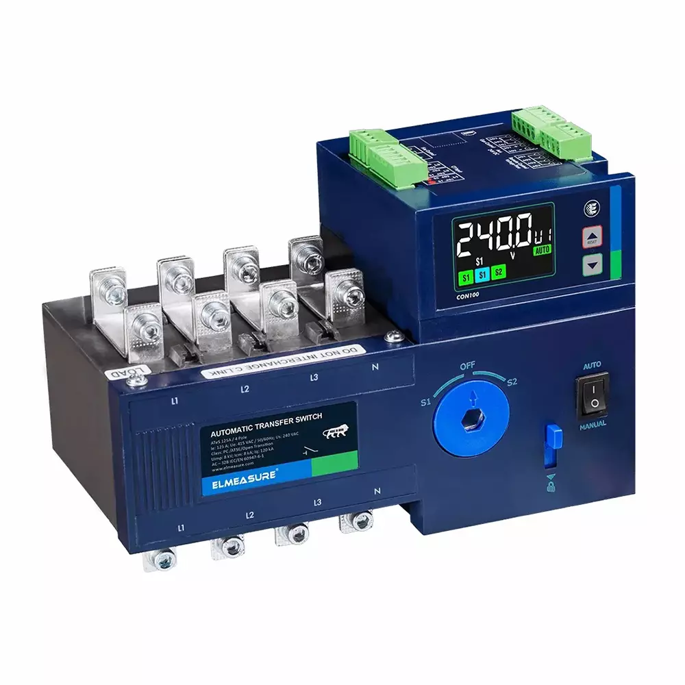 Elmeasure Automatic Transfer Switch, RS485, 100 A, 4 Poles Motorized with Inbuilt LCD Controller Universal, AT02FUL10100