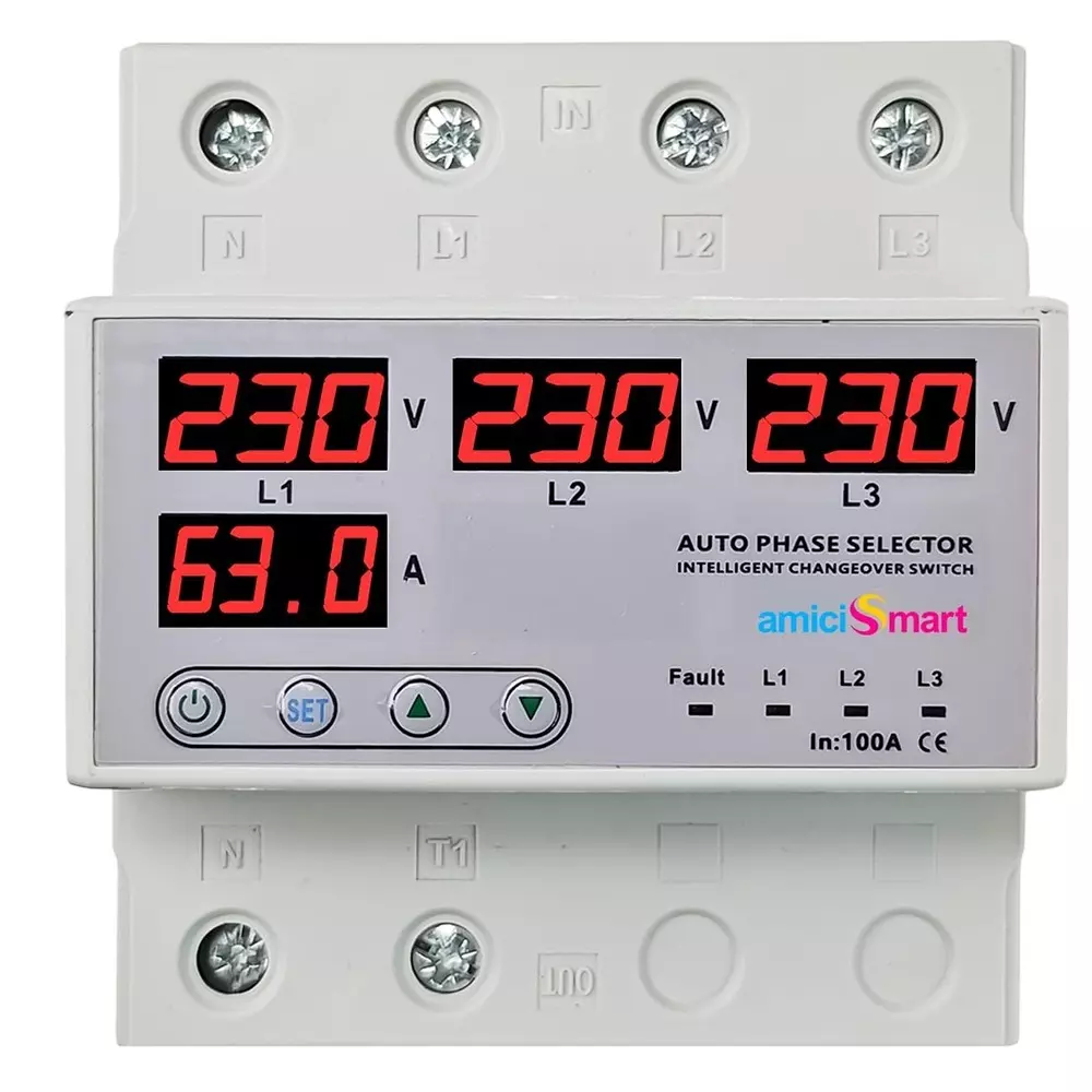 amiciSmart Intelligent Changeover Switch 3 Phase to 1 Phase 230 VAC 100 A Over/Under Voltage & Overload Protection, 1x3P-1P-100A