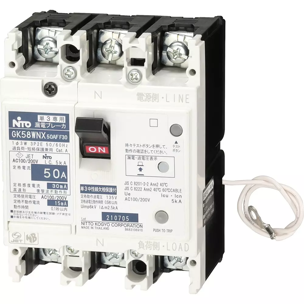 NITTO KOGYO Earth Leakage Breaker 40 A Rated Current, GK58WNX3P40AF100