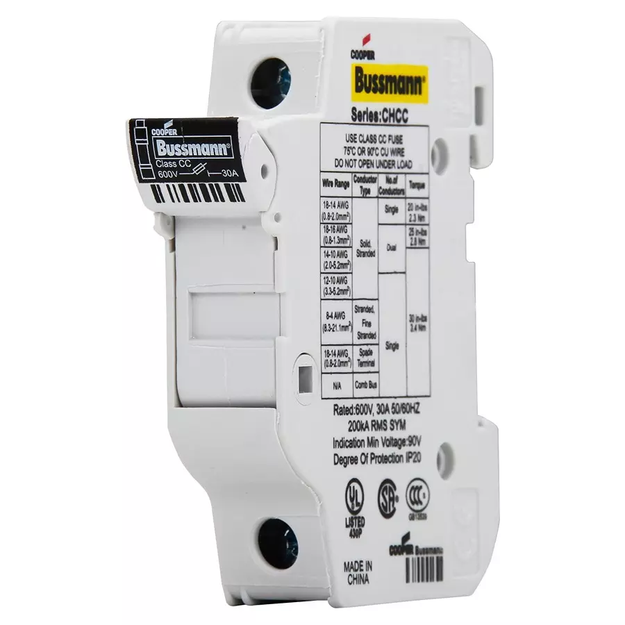 EATON BUSSMANN DIN RAIL FUSE HOLDER, 30A, 600VAC, SCREW, CHCC1DU