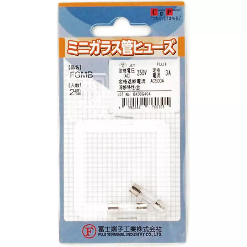 FUJI TERMINAL INDUSTRY Glass Tube Fuse 3 Amp Rated Current AC 250 V Rated Voltage, FP-FGMB-250V-3A-2P-PBF (Pack of 2)