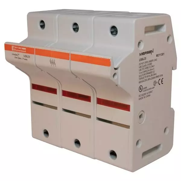 Mersen Class J Fuse Holders DIN Rail 3 Pole 60 A Current Rating 600 VAC/DC Voltage Rating, US6J3I