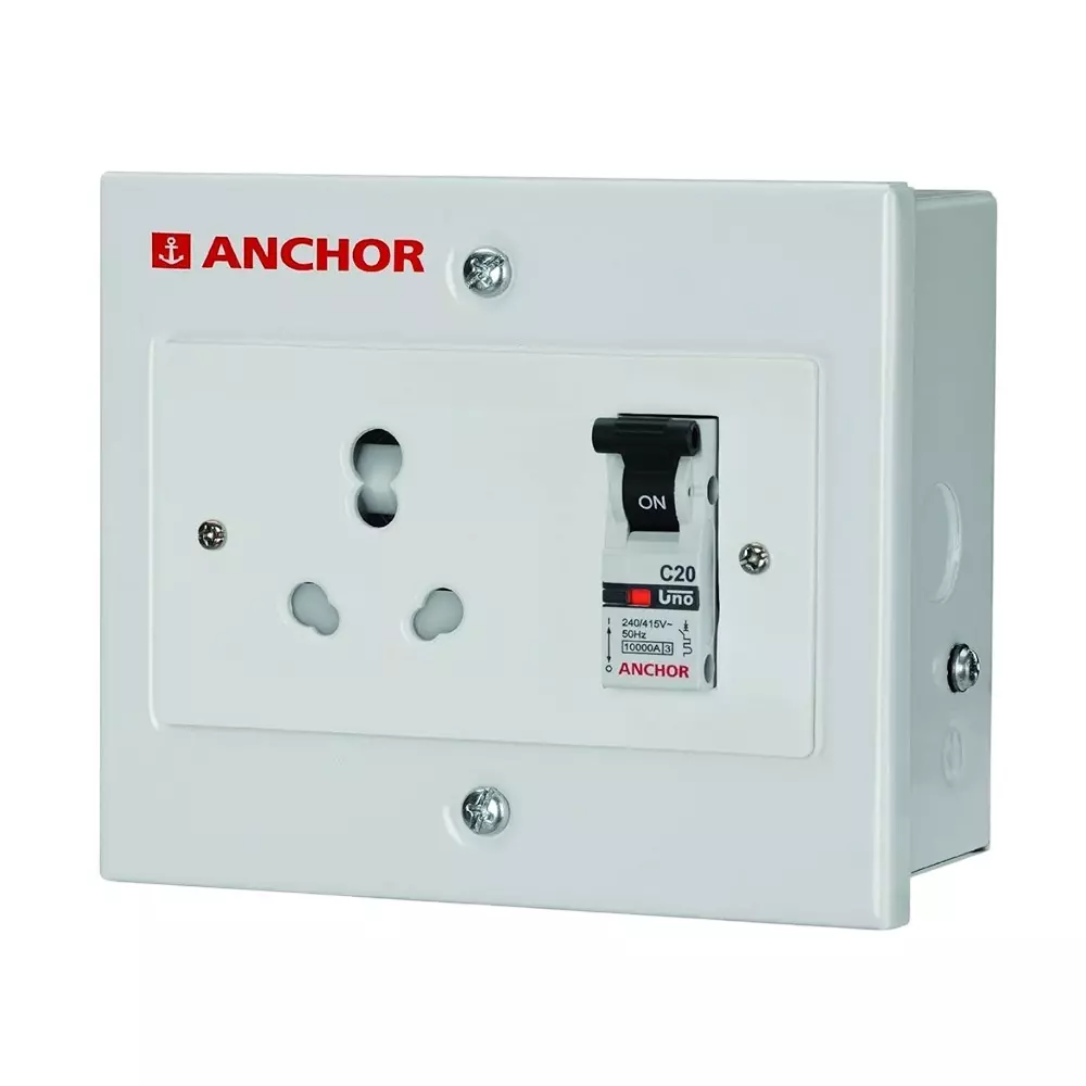 Anchor UNO E Metal Plug & Socket AC Box With SP MCB Flush Mouting Single Pole 20 A for Industrial Use, 37474
