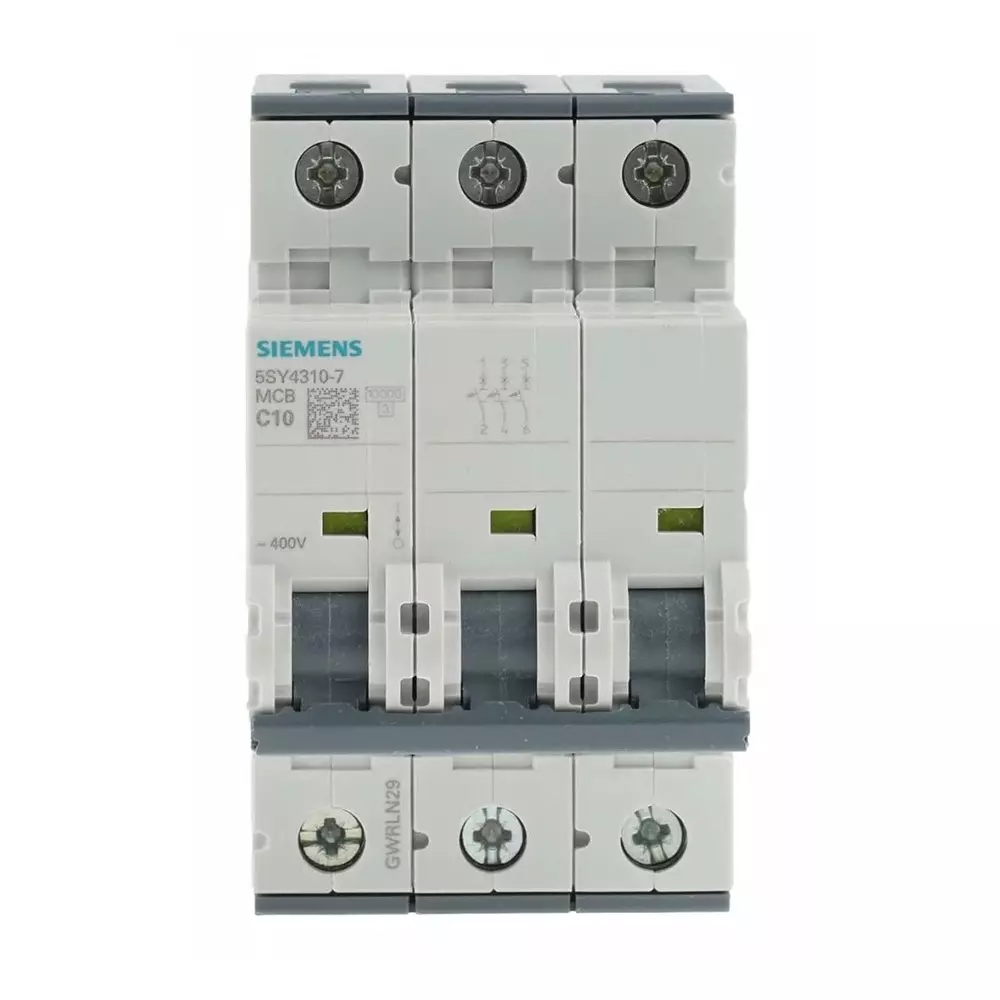Siemens Sentron 5SY4 MCB, 3P, 10A Curve C, 400V AC, 10 kA Breaking Capacity, 5SY4310-7