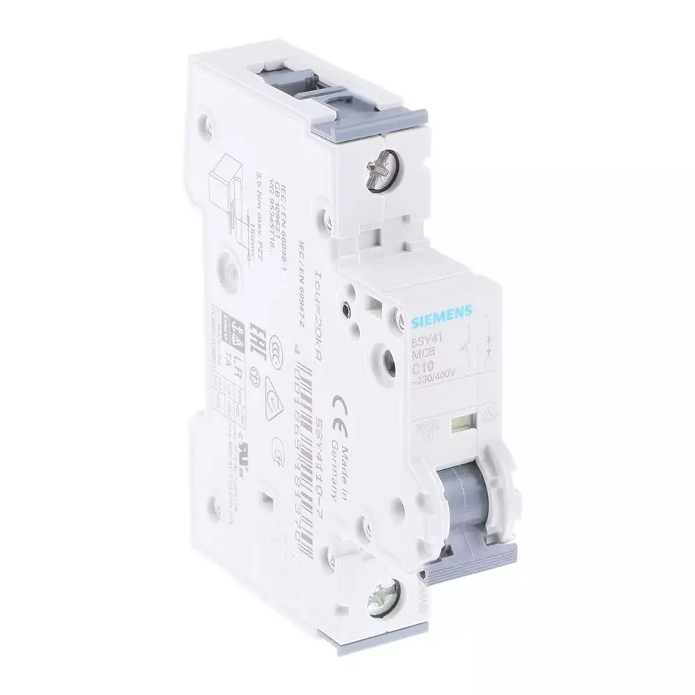 Siemens Sentron 5SY4 MCB, 1P, 10A Curve C, 400V AC, 72V DC, 10 kA Breaking Capacity, 5SY4110-7