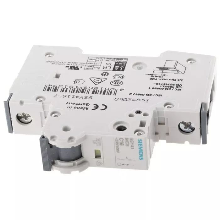 Siemens Sentron 5SY4 MCB, 1P, 16A Curve C, 400V AC, 10 kA Breaking Capacity, 5SY4116-7