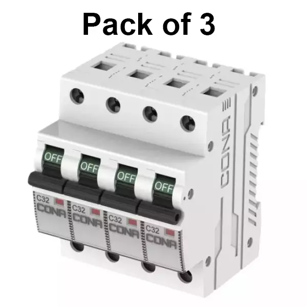Cona Miniature Circuit Breaker (MCB) Safetrip B Type 25 Amp, 6 kA Four Pole, 3601 (Pack of 3 Pcs)